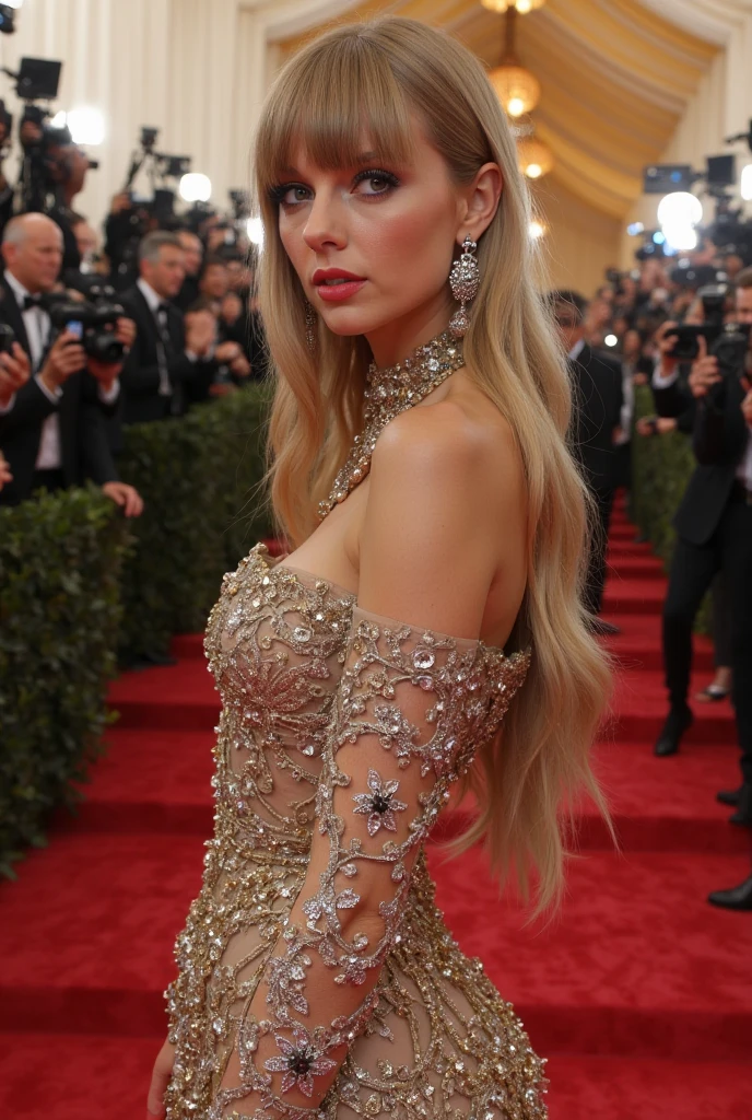 Taylor Swift with long hair and bangs, wearing a black dress with gold details, jewelry and a stunning high heel. On the Met Gala red carpet