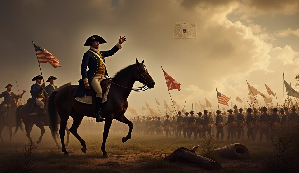 oil painting, extreme detail, detailed, oil painting art, Revolutionary soldiers charging into battle with the flag of the thirteen colonies flying high