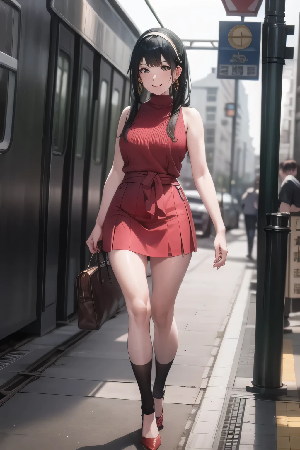 （Yellow hair band）,My nipples are sharp and can be seen through when wet,Big BreastsをさらにBig Breastsに描いて下さい,two-high stockings，High Heels，black panties，long black hair，I need a face，yellow hair bands，Ears with decorative earrings,red dress,  Blue Micro Mini Skirt，，nice smiles，Can you draw a woman looking at a train，Imagine a woman waiting in front of the car in front of you，東京の地下鉄ホームでwaiting for the train女性は描けますか， ,congestion,waiting for the train，fun，Underground railway stations ，The sign hanging on the wall，{{X}},please describe her look more delicately，walking alone，           city tour           ,，（（（are dressed in casual tourist-inspired clothing）））， I have a SLR camera  ,（Let's draw a more delicate look），（sleeveless wool sweater），（ Pleated Legs，white panties），（That work is enough for one person {X} can you draw a person enjoying water slides）、 That's enough，frown。unless the job requires it。 {X}、 ,    An attractive 40-year-old woman takes off her uniform、jump off,                           big black wavy hair, ,   Big Breasts, thin waist ， ,   ，Faces are very important，