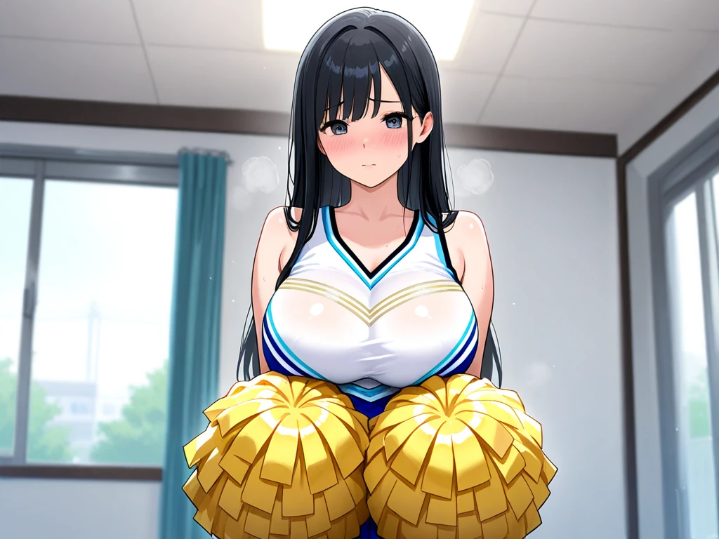 (masterpiece, best quality)(source_anime) tashigi, black eyes, black hair, folded ponytail, glasses, ((cheerleader)) big hip, big tits, embarrassing ((NSFW))