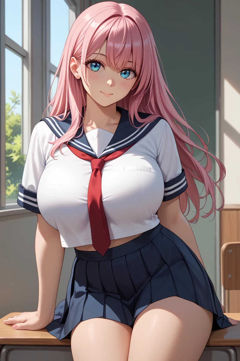 nodokaharamura, nodoka haramura, blue eyes, hair bow, long hair, pink hair, bow,
BREAK blue skirt, kiyosumi school uniform, pleated skirt, school uniform, serafuku, skirt,
BREAK looking at viewer,
BREAK indoors, classroom,
BREAK (masterpiece:1.2), best quality, high resolution, unity 8k wallpaper, (illustration:0.8), (beautiful detailed eyes:1.6), extremely detailed face, perfect lighting, extremely detailed CG, (perfect hands, perfect anatomy),seductive smile,gigantic breasts