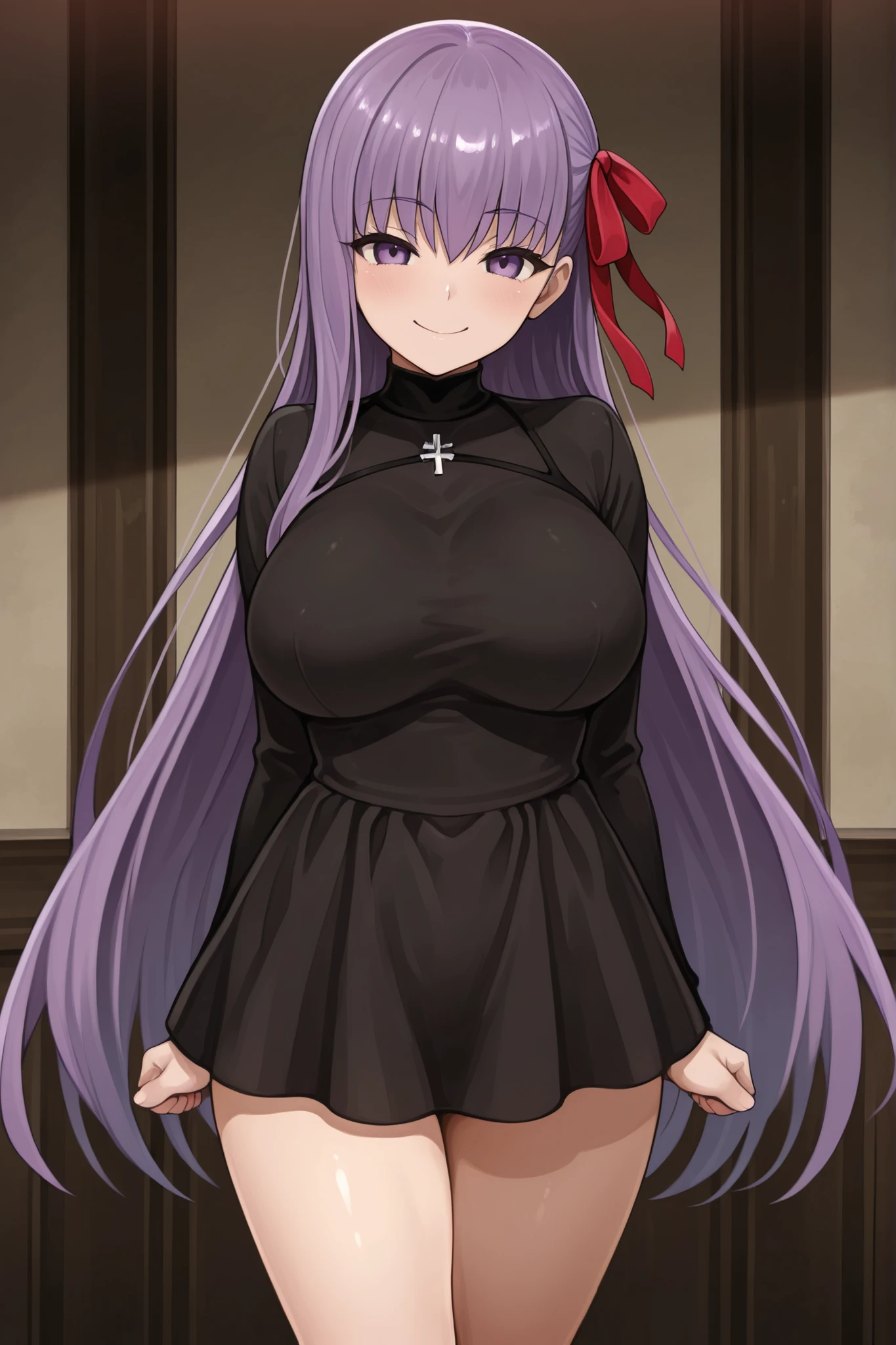 BB(Fate), purple eyes, long hair, purple hair, hair ribbon, red ribbon, short dress, black dress, smile, large breasts,look at viewer, standing 