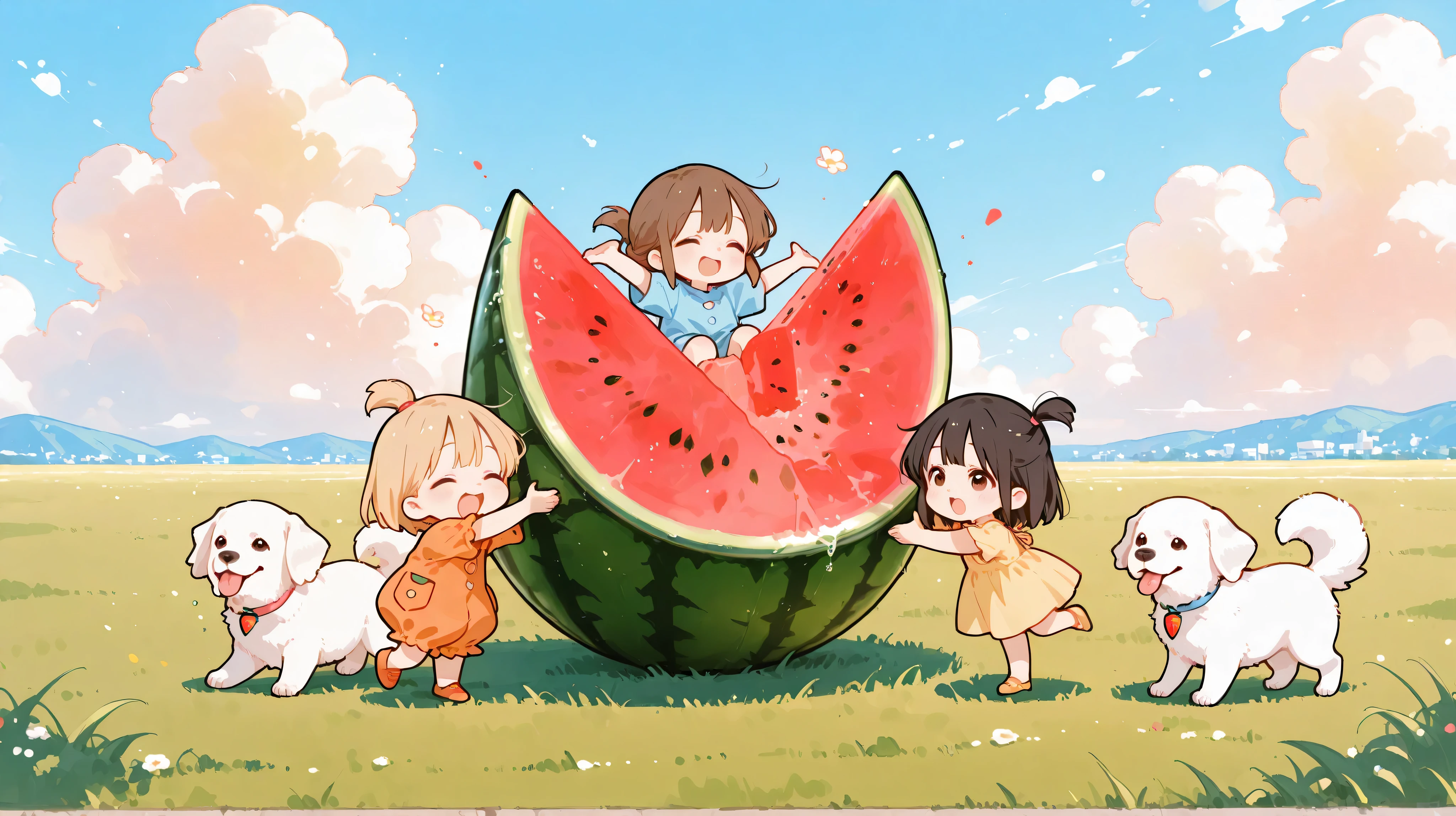 A heartwarming, Ghibli-inspired chibi anime illustration featuring three adorable girls of different ages and a fluffy white dog. The youngest girl is , has short black hair, and is wearing an orange romper. The second girl is  with shoulder-length blonde hair, wearing a yellow dress. The oldest girl is , with long brown hair tied up, and is dressed in a blue outfit. They are all joyfully playing and eating watermelon inside a giant watermelon half that looks like a pool, placed on a grassy field under a bright summer sky with soft clouds and warm sunshine. The white dog is playfully jumping and enjoying the moment. The art style is colorful, whimsical, chibi-style with soft shading and Ghibli anime aesthetics. Emphasis on cuteness, joyful expressions, and a dreamy summer vibe