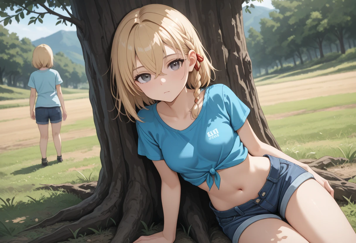 violet evergarden, braid, hair ribbon, red ribbon, jewelry,
BREAK (blue tank top and shorts:1.2),
BREAK wariza, hand on own chest, 
BREAK grass, field, flower
BREAK (masterpiece:1.2), best quality, high resolution, unity 8k wallpaper, (illustration:0.8), (beautiful detailed eyes:1.6), extremely detailed face, perfect lighting, extremely detailed CG, (perfect hands, perfect anatomy),