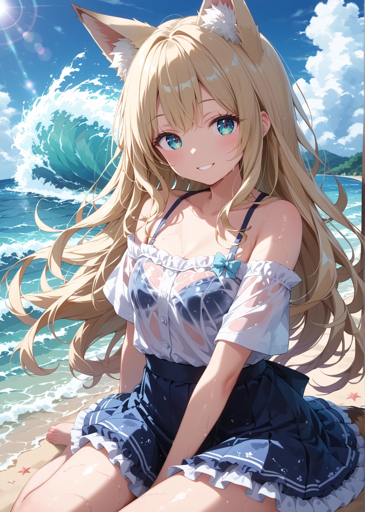 masterpiece、Concept Art、(very well detailed)、 (((masterpiece、Highest Quality、 、16k))) 、1 girl、( fox ears、off-shoulder、platinum blonde、long hair、wave hair、Frilled skirt)、( やわらかなsmile )、beach 、 Spaghetti Background 、 dreamy 、 Spectacular photos 、smile、 light/dark method、lens flare、Sparkling:0.7、(very well detailed )、 wet clothes