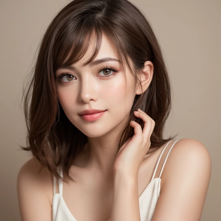 ((Highest quality, 8k, masterpiece)), Very detailed, Sharp focus, ((Ultra-realistic photos:1.5)), One beautiful woman, ((Cute Face)), the 50s, (Huge breasts), ((Long cleavage)), Plump figure, ((constricted waist)), Very detailed face and skin, ((Beautiful chubby lips:1.2)), ((Beautiful and delicate brown eyes:1.4)), Sexy chemise, In an old Japanese-style room, smile,