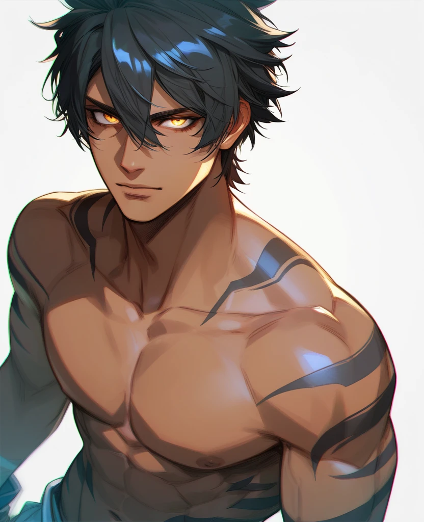 shirtless Anime guy with dark skin black hair cat ears dark and green eyes