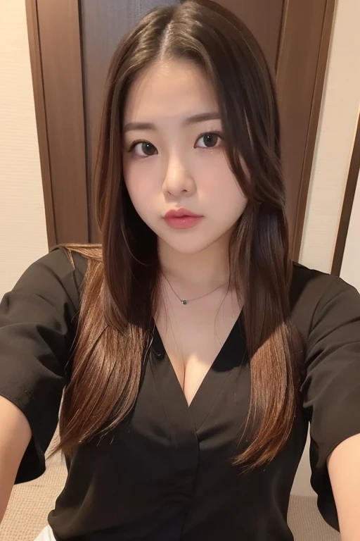 There was a woman with long black hair and a tie,huge tit，perfect bodies，sitting the desk，short  skirt，seductiv，Skirt that wraps hips