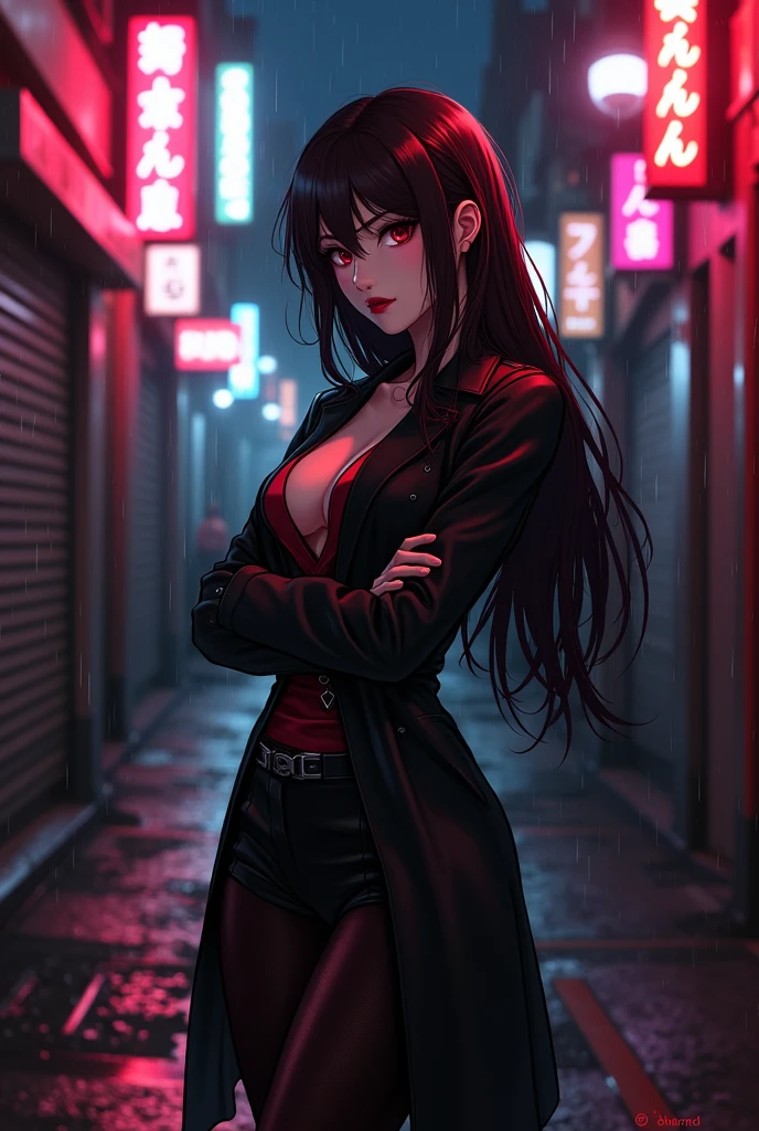 "A stunning, confident female villain with a mysterious smile, standing under neon lights in a dark city alley. She wears a sleek black coat or leather outfit with red or silver accents, long flowing hair, and piercing eyes. Her pose is elegant yet dangerous—perhaps holding a weapon subtly or leaning against a wall with crossed arms. The background is a gritty urban setting with glowing signs, rain-soaked pavement, and shadows. Atmosphere is stylish, cinematic, and slightly . Anime semi-realistic style, dramatic lightning."