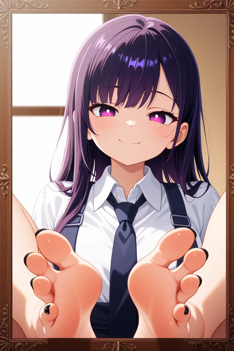 (1 Girl), Black Hair、high school girl、長いBlack Hair, Big Lips, anime, Beautiful Lips,, ((Highest quality)), On the bed、Soft Shading, High resolution, Sexy POV, Big Lips, Big Lips,x ornament, ornament, Duck face, Lip Focus, Glossy Lips、Sweaty、White shirt、skirt、Hot and red face、blush、Ahegao、Baby Face 、smile、2 pairs of unique loose socks、Sit down and show the soles of your feet
