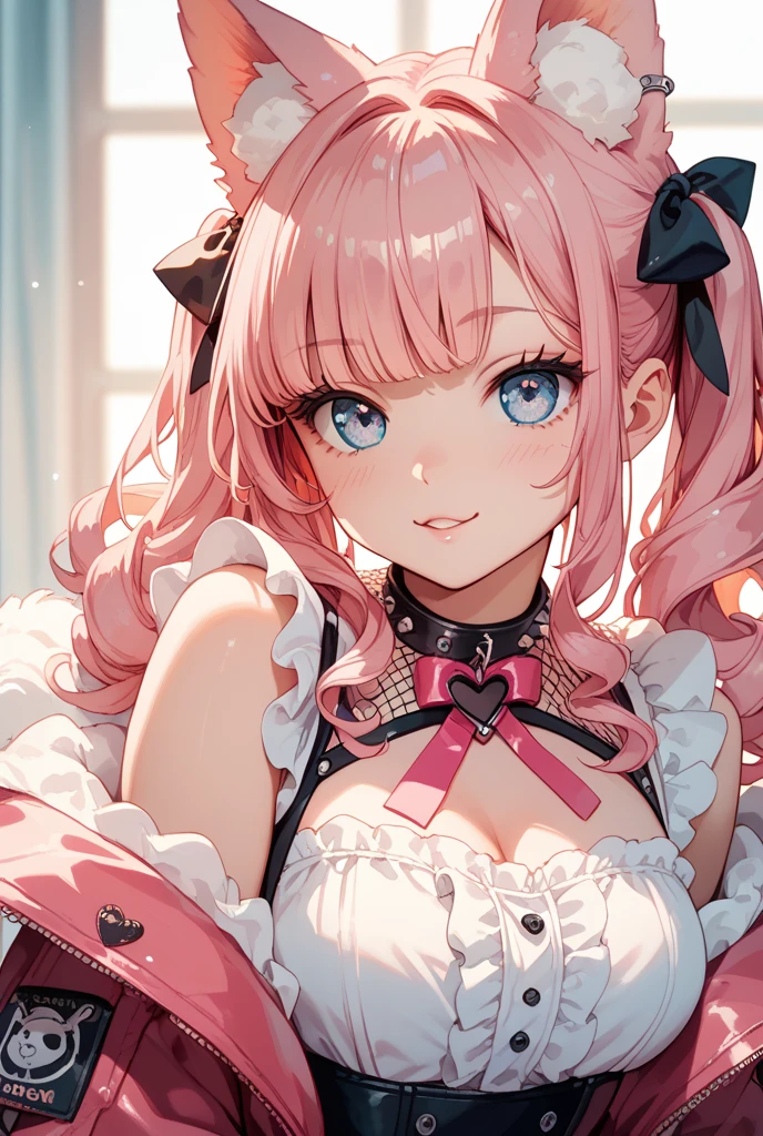 masterpiece, best quality, highly detailed, high resolution, expensive resolution, high resolution, 4k, 8k, uniform 8k wallpaper, highly detailed CG, masterpiece, 2d, 3d, beautiful details, depth, fine texture, best quality: 1.3, perfectly focused, sharp. skin, him, very cute anime girl, her name is Mei, short pigtails, idol, in the rain, expensive pink short pigtails, mole under eye, looking at the viewer, expensive, blush, mole, open lips, pink eyes, heart shaped choker, smiling face