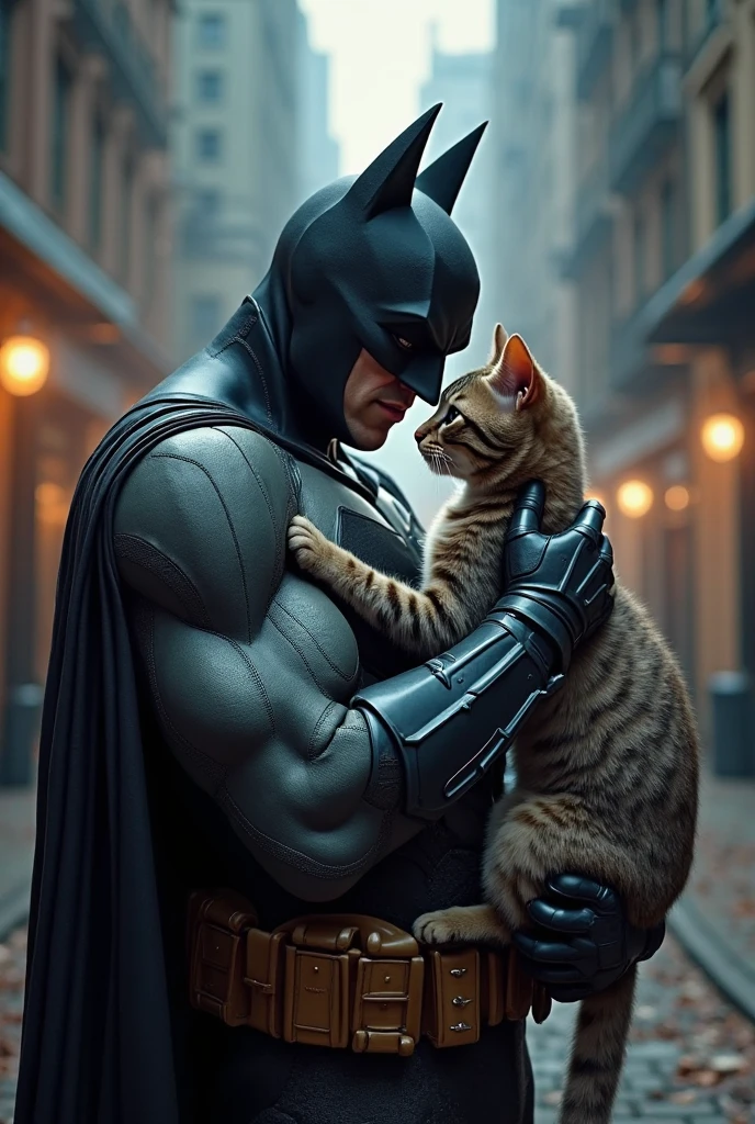 Batman grabbing a tabby kitten in a fire 