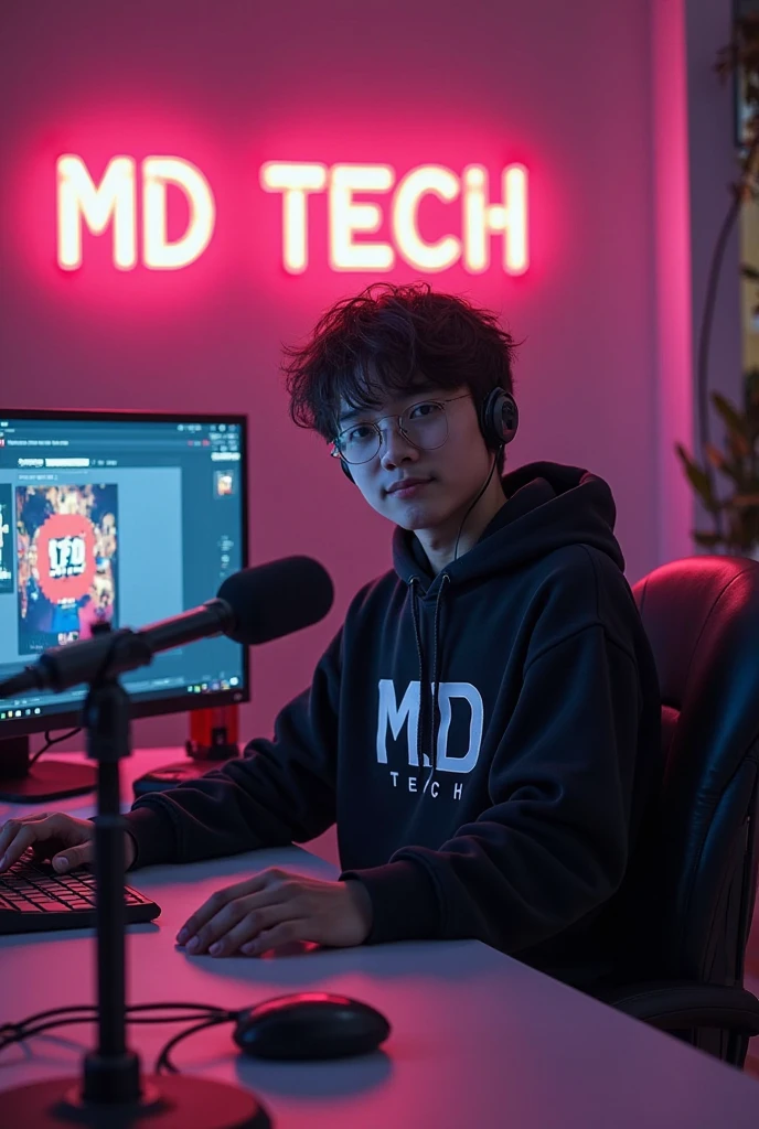A young teenage boy sitting down sideways facing his computer in his studio wearing a black shirt with a name written on his shirt written Unique Wanyo and a red heat with a headphone and a scarlet microphone and on his hat with a name written One Street Vibez Music 
