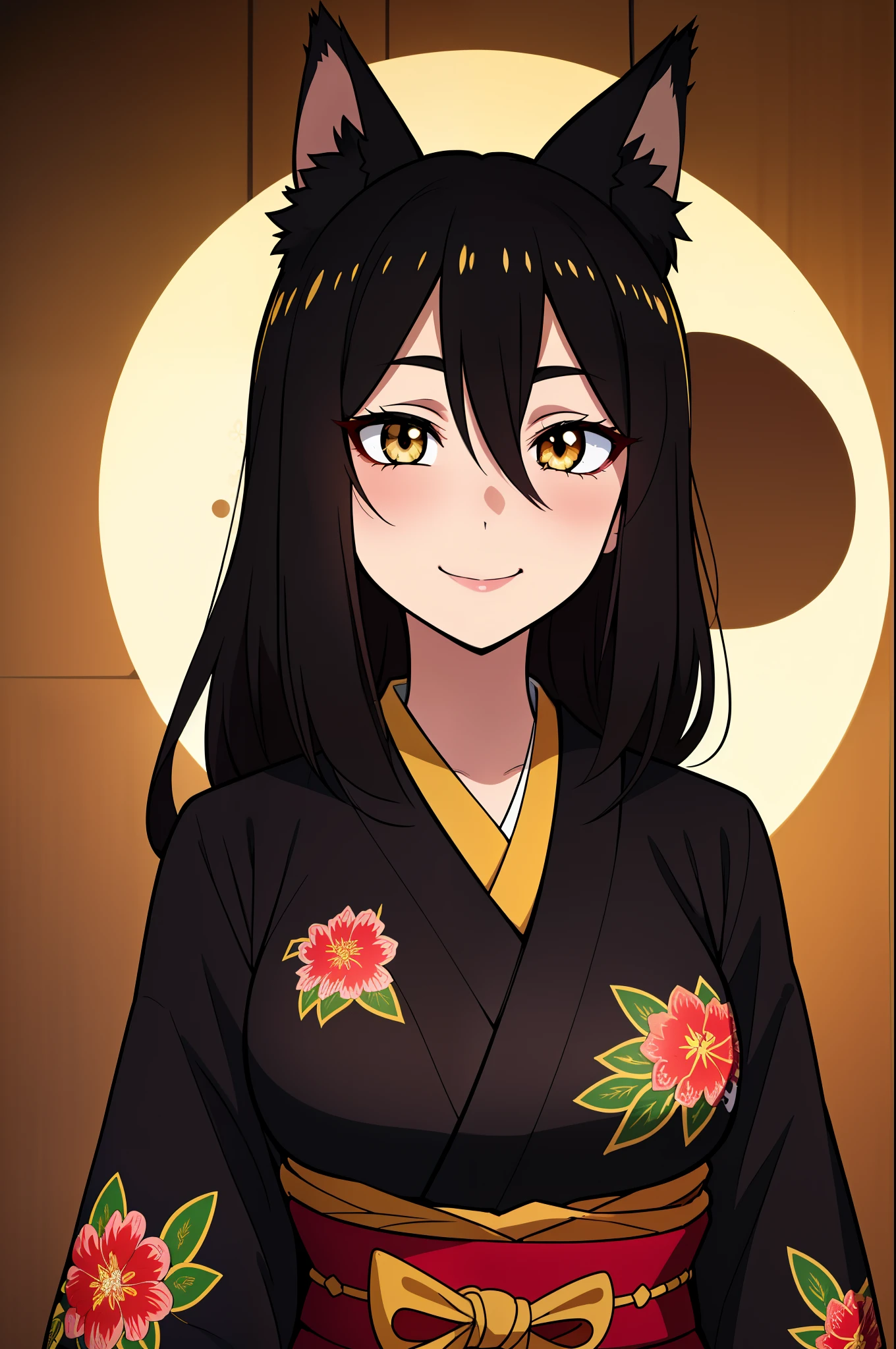 (high-quality, breathtaking),(expressive eyes, perfect face), symmetrical eyes, 1girl, female, solo, young, black hair , gold coloured eyes, long hair, loose hair, hair between eyes, japanese clothing, colorful kimono, floral print, black fox ears, mischievious, trickster, cute smile, busty