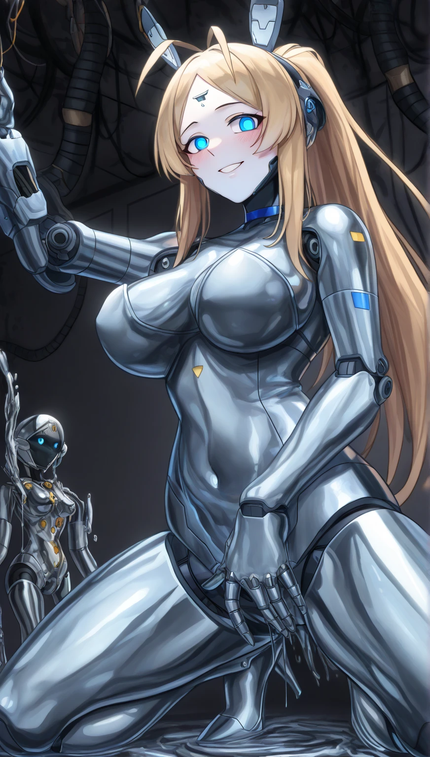 Robot girl with humanoid form, naked and her divisions are visible and she is sticking her tongue out, swollen breasts, breast tips facing outwards and touching them with your hands, standing on tiptoes and kneeling, huge butt that looks wider than the thighs and full body and there is a machine injecting the information from the head with a needle, and she is moaning with emotion, bigger butt, open breasts where milk is extracted, with human skin and mechanical parts, machine that extracts milk from the breasts, legs more stretched and milk flowing , sticking out his tongue and opening his mouth and with his eyes up, mechanical rear, machine sucking milk next to her, Naked human woman hugging her and she has a penis, sacando su sexualidad a su máximo resplandor, en el campo de batalla, pechos enormes como 1 metro y tan pesadas que tiene que sostenerlas con las manos demasiados enormes, muslos más gruesos y más músculos, pechos más enormes e inflados , más enormes e inflados de leche, y exitadas, sonrojadas y tocándose los pechos, más seductora su cuerpo muchos más seductora