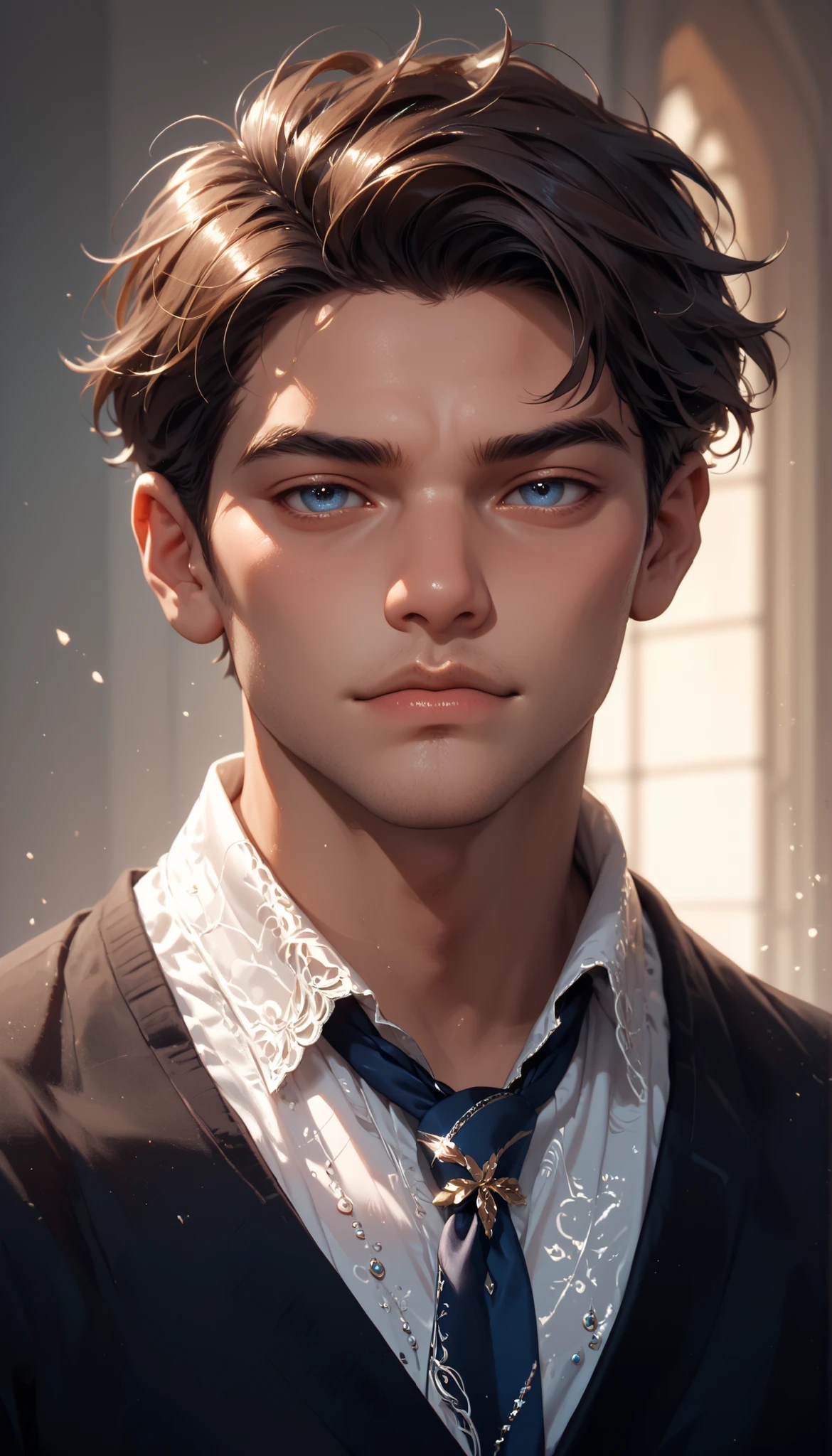  male，tall 6 feet 4 inches（About 1.93 meters），dark brown hair，Gray blue eyes，His facial features are deep and three-dimensional，strong，dressed casually but always just right，Half-length portrait。
