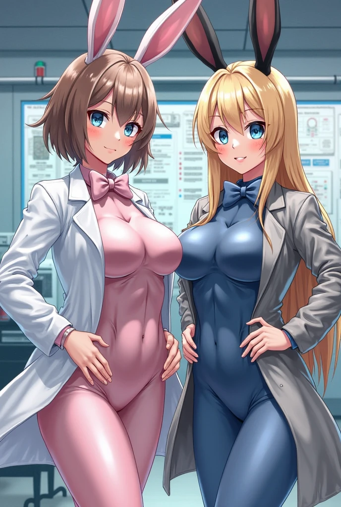 masterpiece, Best quality. collective portrait. Two slender girls. {{(one girl is a slender girl. wears a yellow swimsuit. also wearing a lab coat over the swimsuit. blonde curly hair hair, yellow eyes. wears metal knee socks. gloomy face.)}}. {{(the other girl is a slender girl. wears a blue swimsuit. also wearing a lab coat over the swimsuit. Long brown hair, Blue eyes. wears metal knee socks. smiling, Mouth open, happy face. Eyes wide open. wear glasses.)}}. they stand huddled close to each other. are in the laboratory