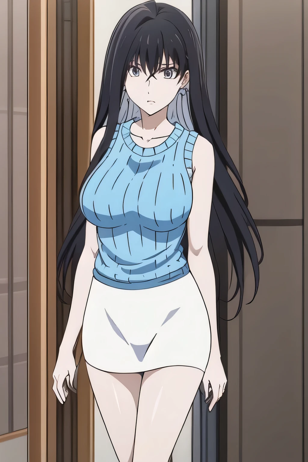 (masterpiece), (8k render quality), best quality), 1girl, Hestia Danmachi, long black hair, blue eyes, big bra, blushing face, shy, holding bra with forearm, standing, barefoot, fullbody view