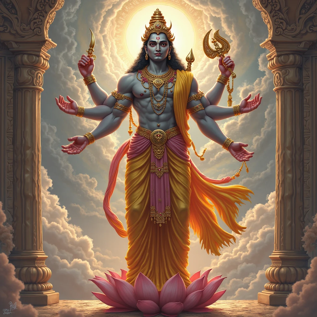 Vishnu in the Dawn of Creation: Vishnu emerging from the cosmic waters at the beginning of creation, holding a lotus flower from which Brahma arises, with the universe forming around him.