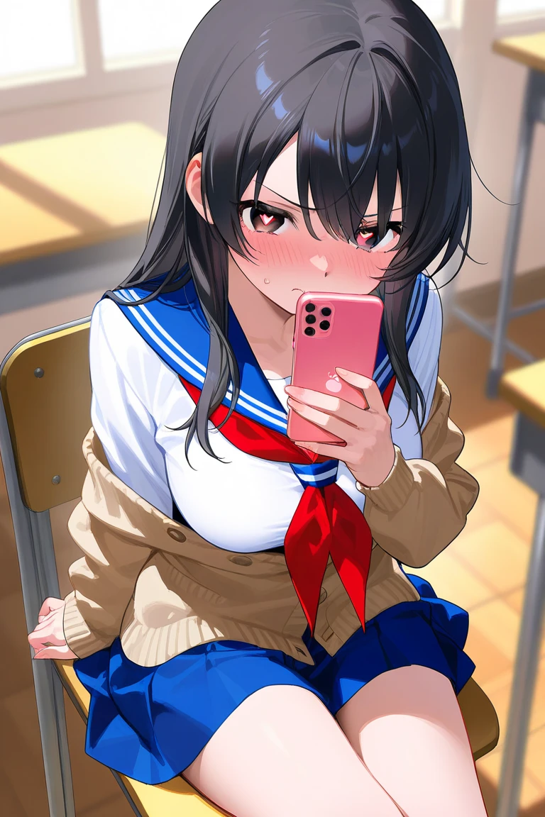 masterpiece, best quality, 1girl, bangs, ribbon, erotic face, condom in mouth, condom wrapper, one hand holding a black mobile phone, taking selfie, small breasts, juicy, squatting,