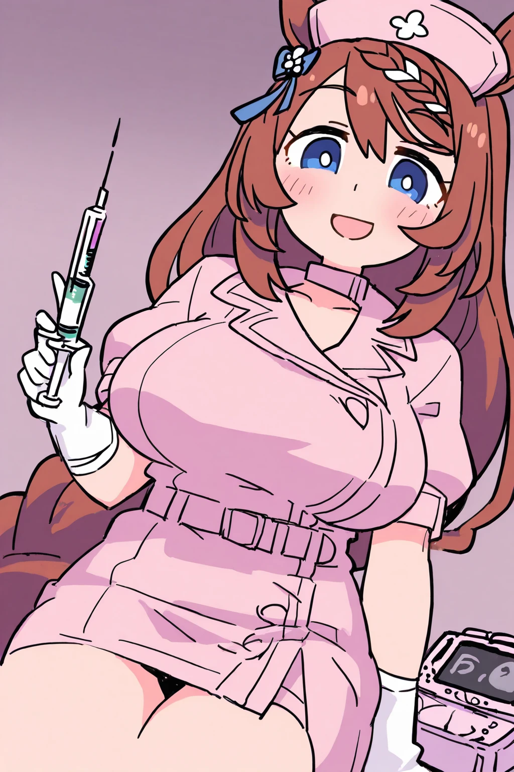 ghostbuster uniform, huge breasts, partially unzipped, wide hips, visor cap, protopack, smile, looking at viewer, lips, pink hair, khaki pants, magazine cover <lora:Ghostbuster5:0.6>, <lora:Anime Magazine V4:0.6>
