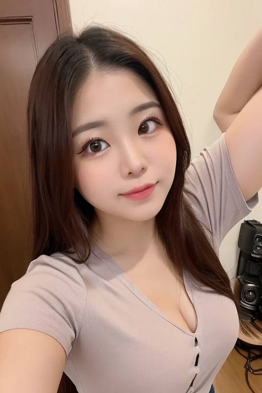 girl taking a selfie、Tabletop, highest quality, Realistic, In detail, Textured skin、realism、High resolution, 8k wallpaper, Perfect dynamic composition, Beautiful big eyes:1.2,Droopy eyes、Small Nose、 Long Hair, Loose wavy hair、Brown Hair、Big ample breasts, Random sexy poses,Chest to chest、(Light grey short sleeve dress)、(Breast swelling 1.2)、smile、shut up.、Sit on the sofa、22 years old、(Droopy eyes 1.4)、、Japanese、pretty girl