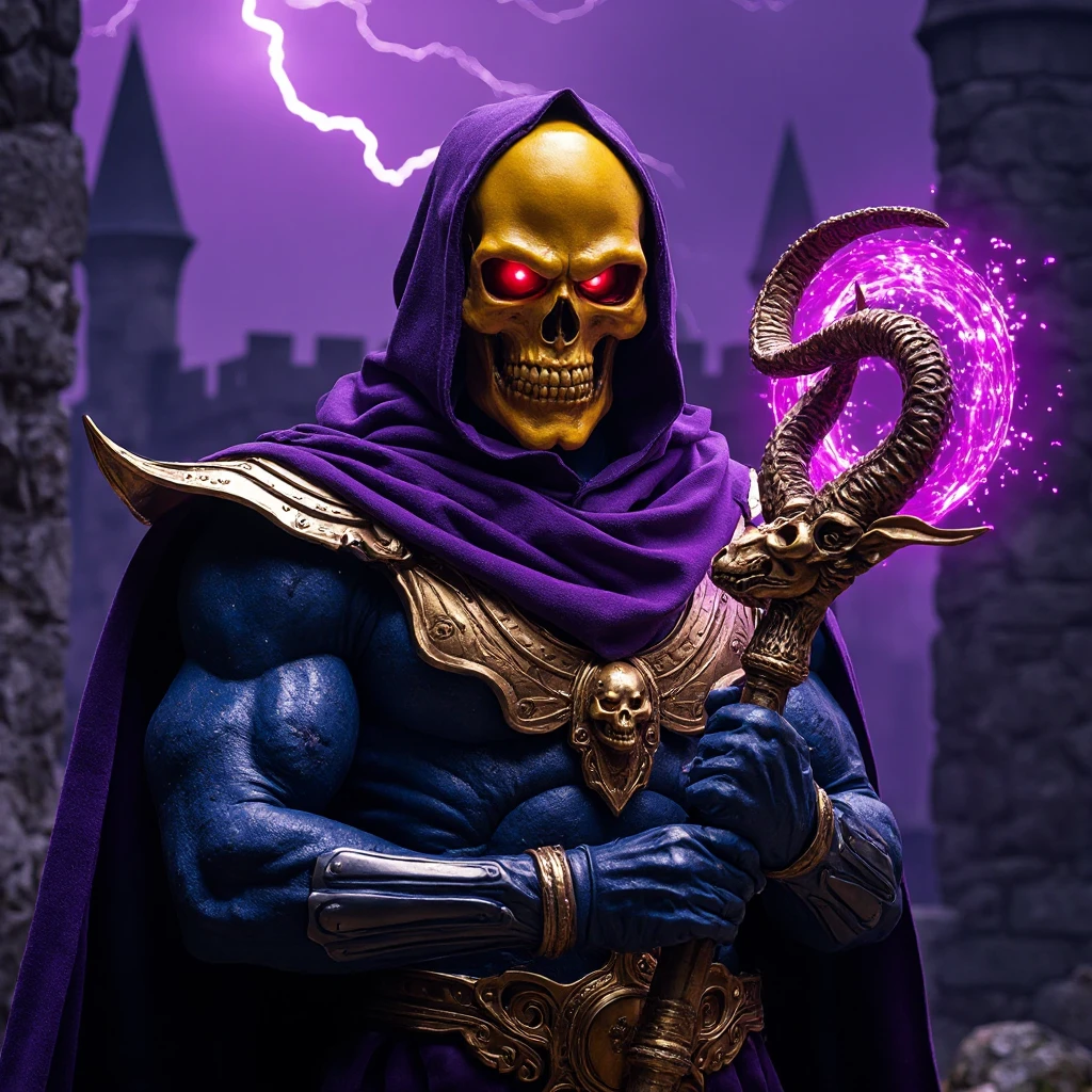He-Man, Skeletor, Snake Mountain, throne of diabolical power, evil minions, recharging mystical energy, highly detailed, cinematic lighting, dark fantasy, dynamic composition, dramatic atmosphere, deep shadows, moody colors, digital painting