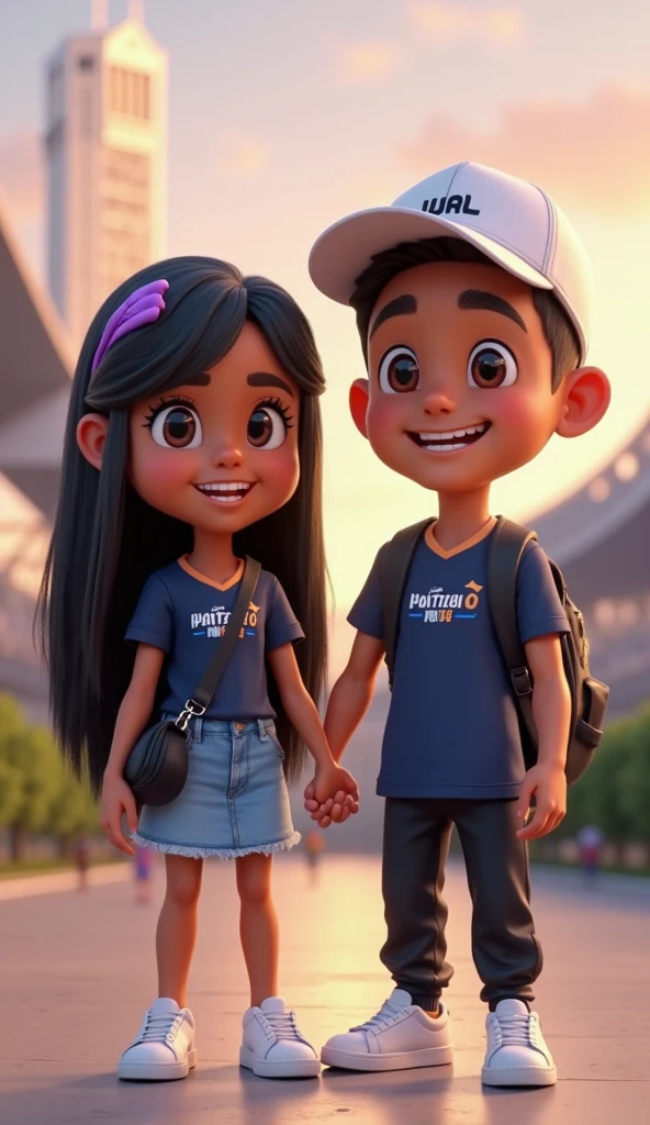 A couple arm in arm.
She is smiling, has a robust build, wide legs, small ears, and a light complexion., wide nose big brown eyes hair in a bun and straight curtain bangs, you wore a black Jurassic Park blouse, black jeans and red converse. He is of slim build, tez morena, wide nose small eyes short dark straight hair small ears wears a formal black button down shirt and black dress pants with brown shoes, protagonists of a Disney Pixar movie digital art. Walking down a street