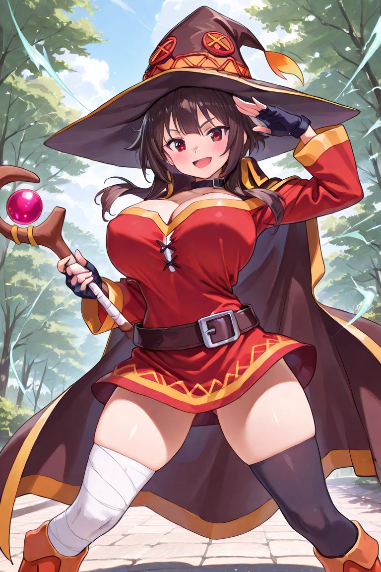 megumin(konosuba),1girl,solo,Females in heat,blush,super huge breasts,slender,cane,looking at viewer,out door's,grasslands