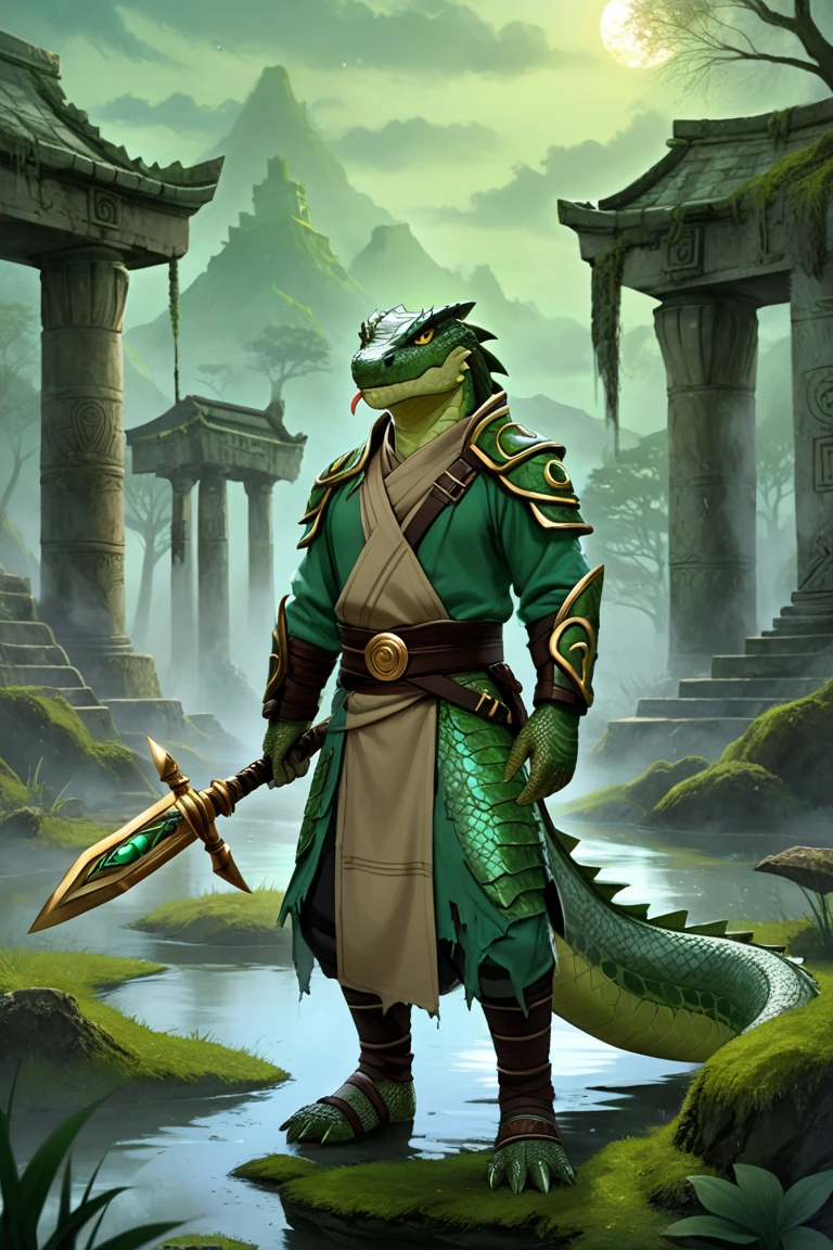 Muscular lizard, male, African, primitive clothes, light green body, scalie, long untamed dreadlocks, by bebebebebe, standing, big genitals, showing big foreskin, village