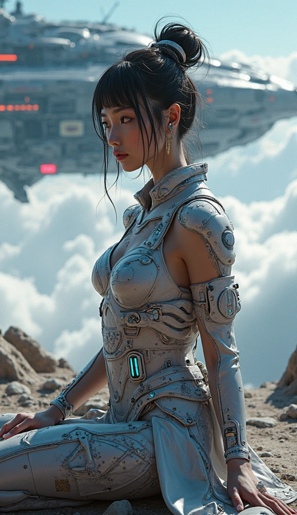 High quality, 8K, Photo quality, Incredible fantasy city, mega skyscrapers, flying cars, space elevator towers, Super Detail, trees, flowers, Many different buildings, spaceships in the sky, Ultra detail, many elements, blue and gold, yellow numbers on the towers, Character incredibly beautiful girl, posing in front of a flying car, full length, stands on the balcony, dressed in the uniform of a space fleet lieutenant, on the neck there is a purple bow of the hero of the empire with diamonds, leash around the neck, , submission, disturbance, fabulous car without wheels, car hanging above the ground, gravity engines instead of wheels, aggressive car shape, a lot of details, super car, expensive convertible., Incredibly beautiful face, very detailed face, Detailed eyes, detailed hair, Expensive earrings, lace covers breasts, nipple piercing, diamonds, Emeralds, Rubies, turquoise, correct anatomy, Thin body, Super Detail тела, many small details of the dress, Incredible fantasy city, mega skyscrapers, flying cars, space elevator towers, Super Detail, trees, flowers, Many different buildings, spaceships in the sky, Ultra detail, many elements, blue and gold, yellow numbers on buildings, straight and smooth lines, Street, evening, A lot of cars, sharp lines, contrast, City River, water fall, trees по берегу, fault in the earth&#39;s square, deep crevice, You can't see the ground, Very high, helicopter landing pads, interceptor hangars, lots of blue and yellow, bright colors, paint