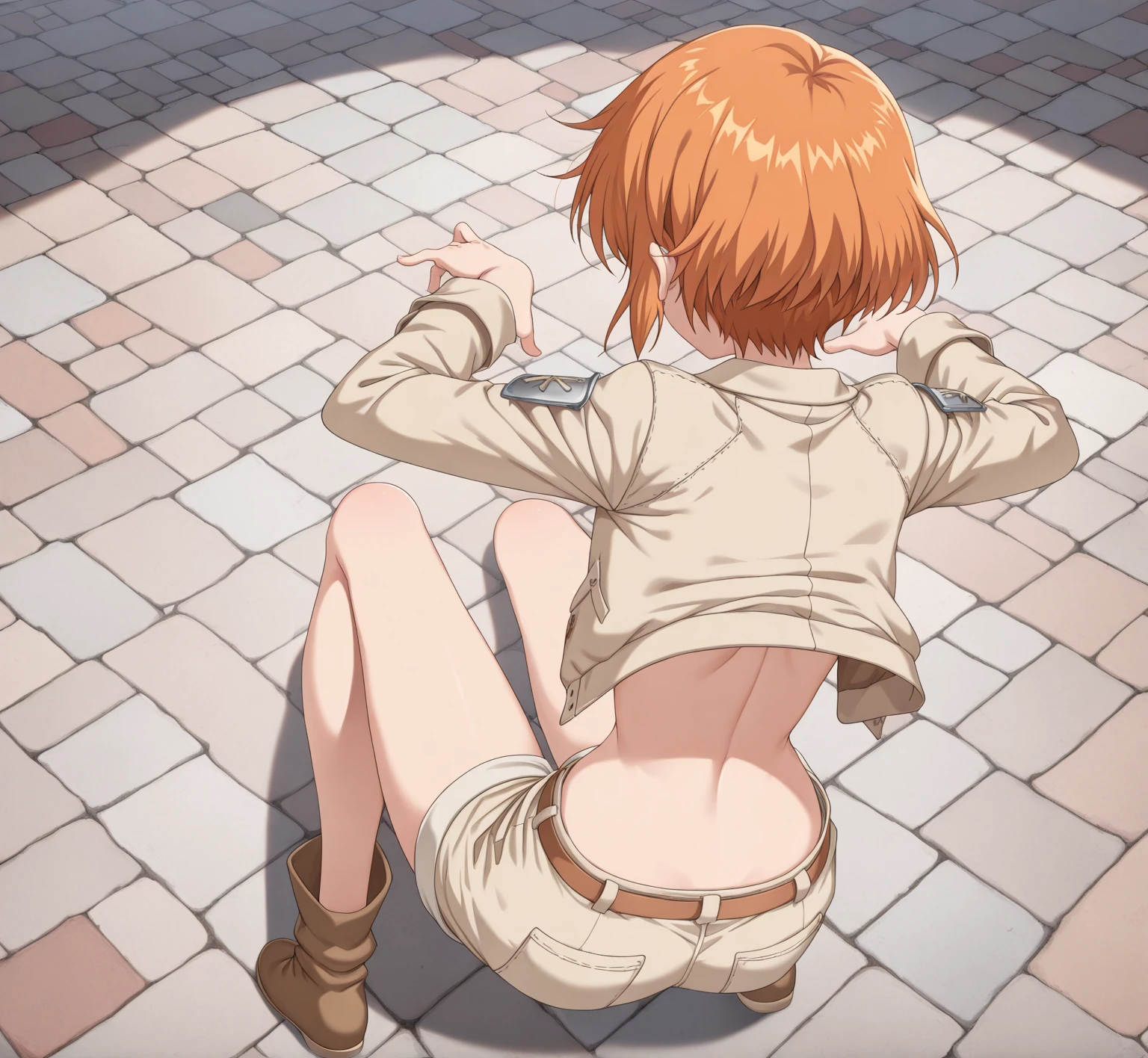 A skinny naked  with small breasts,spread legs,{Crying},restaurant,Many guests