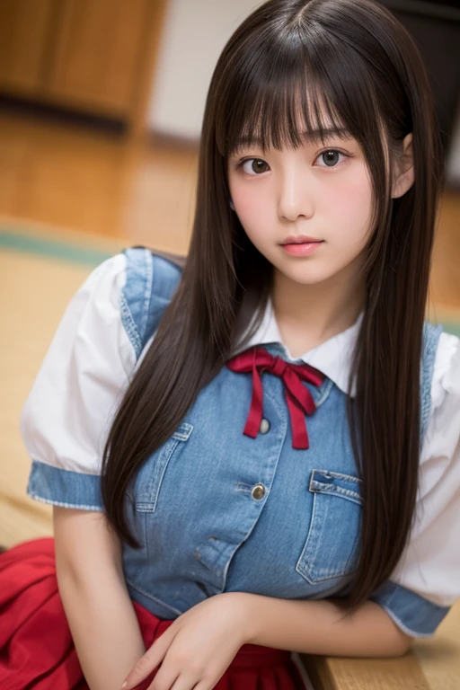 (Highest quality,masterpiece:1.3,Ultra-high resolution),(Very detailed、Caustics) (Realistic:1.4, RAW shooting、)Ultra-Realistic Capture、Very detailed、Natural skin texture、masterpiece、(A Japanese elementary school girl wearing a white shirt with a navy ribbon and a navy pleated skirt:1.3), Adorable expression、Expressions of happiness、10 years old、height: 145cm、Baby Face、Amazingly cute、Twin tails、Curly Hair、Scrunchie、Black Hair、light makeup、H-cup busty、Shining thighs、Bare arms、Background details、smile、An inviting gaze、Anatomically correct、Cowboy Shot、Attention to detail、Straddling the sheets in a private room at a sex shop、Open your legs wide from side to side、White panties are visible