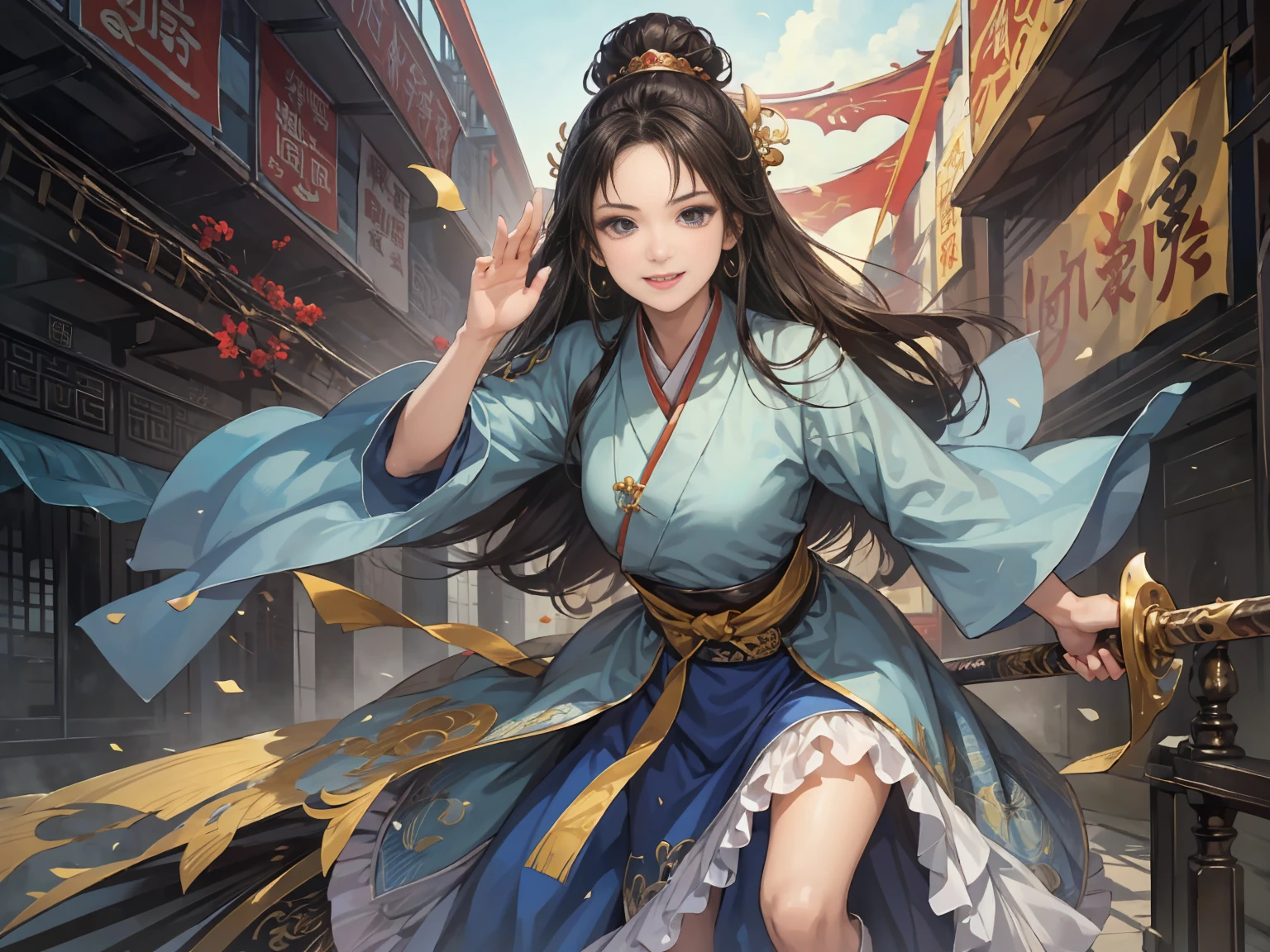RAW photo, Masterpiece, Best quality, (1girll),, Ancient Chinatown, Chang'an City street, Sunnyday, cheerfulness, Hanfu, Beautiful girl,There is a warrior next to it,Clouds,Ink tide,End Chang'an City,water ink