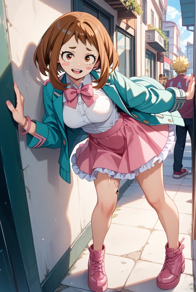 masterpiece, Highest quality, Nico_Yazawa,High resolution, 1 Girl, alone, Brown Hair, short hair, Twin tails、Purple eyes, Cowboy Shot, Frill dress, , Pink Dress, (Cleavage)、(Beautiful thighs)、city, Outdoor, garden, Carrying a red backpack, (randoseru backpack:1.2) Sweaty、Thick thighs、Highest quality、4K、1girl, 8years old, loli, cute, grin, 、Skirt lift striped underwear、In the city、Many passersby are surrounding the girl.、、Thick thighs、Mesgaquismiles、A girl is surrounded by men masturbating their dicks.、Semen from the penis、Bukkake、Bukkake、(Bukkake)