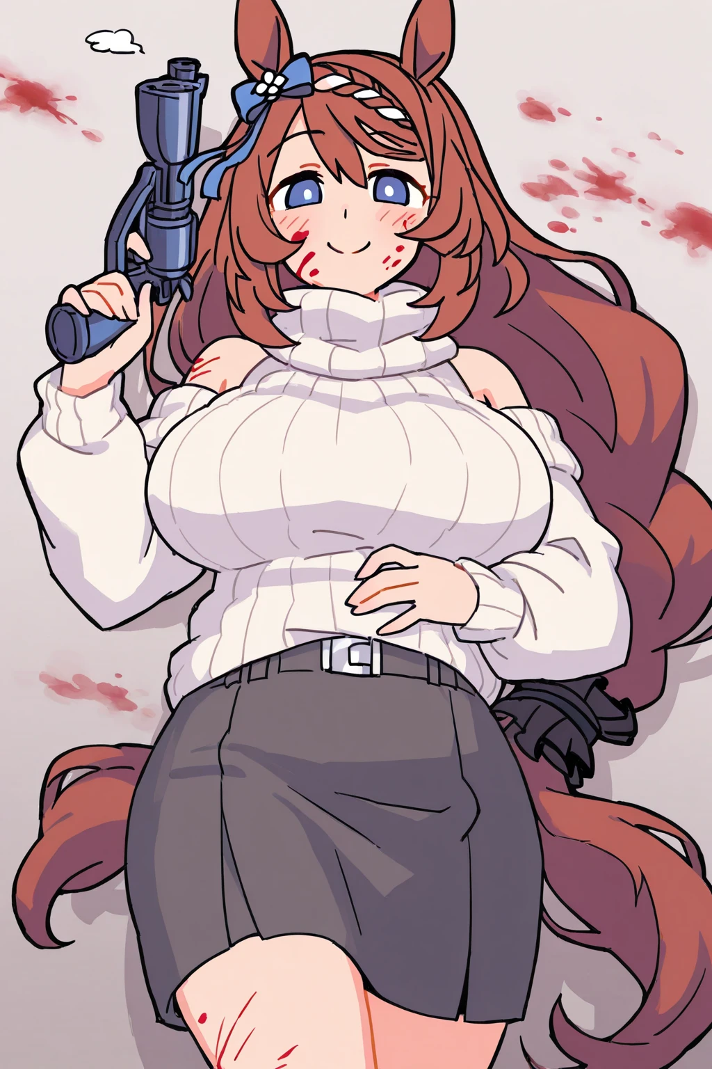 A girl with a huge chest, pink eyes and long dark pink curly hair, is wearing a green vest with buttons and shows a navel, is wearing a long, tight shiny black pants, is carrying a gun, blowing autumn leaves in her hand.