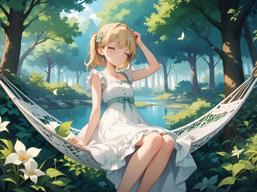 ((Photobook))、Light production、Hiệu ứng Pretty、(8k, Highest quality)、Extremely high resolution、lovely、Highest quality, Pretty, Vẻ Pretty phi lý、Masterpiece、Best image quality、A smooth white fairy lives in the forest 、Blue and white outfit、Beige hair color