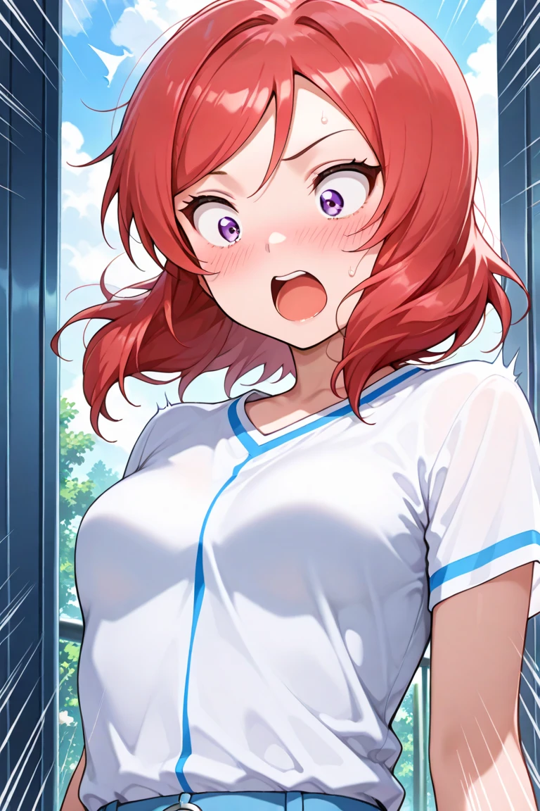 (8k:1.2)(ultra-detailed:1.4),(High quality:1.4),(best quality:1.4),(masterpiece:1.4),(huge breasts:1.1),(beautiful face:1.3),(beautiful woman:1.3),(bright red hair:1.4),medium hair,a mole around the mouth, (sweat:1.2), (enjoy:1.6), (burst into laughter:1.4), (squinting:1.4),(simple plain uniform:1.1),(gym uniform:1.2),(round neck white t-shirt:1.2),navy blue short Sweatpants,upper body,(closed eyes:1.2),school gym