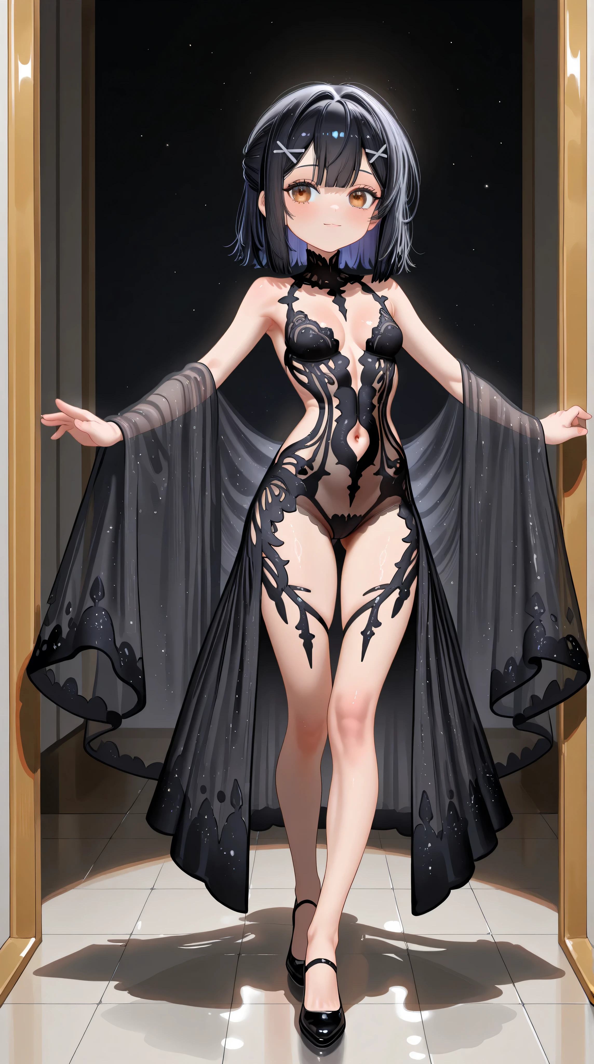 wide shot,full body,1girl,Miyu Edelfelt,,toddler,petite,cute face,light smile,solo,brown eyes,black hair,x hair ornament,small breasts,spread arms,cleavage see-through,navel,bare back,slim,slim legs,chronopattern dress,full bodystocking,revealing-clothes,walking,looking at view,masterpiece,best quality,newest,highres,absurdres,very awa,shiny skin,(artist:loika:0.5),(artist:xiaoshou xiansheng:0.8),artist:rin31153336,artist:gawako,