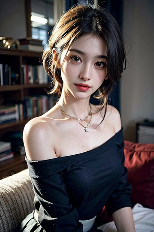 skin tight black top:1.2, looking at the viewer, cinematic lighting, perfection, soft light, high resolution skins:1.2, realistic skin texture,30 year old mature woman、small face、no makeup、 realistic face, off shoulder, exposed cleavage,Bust D cup、small breasts、 blue eyes, short cut hair、dark brown hair、full nude、background((library))