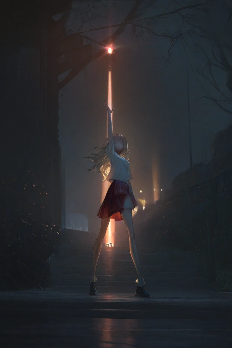 ((NSFW, , best quality, amazing quality, very aesthetic, extremely detailed, intricate details, minute details, detailed background, dramatic cinematic lighting:1.4,incredibly_absurdres, hard light:1.4, masterpiece 8k, vivid colors, rich palette, score_9, score_8_up, score_7_up,), Park, sunset, 1woman, no eyes, blonde hair, long hair, no mouth, white T-shirt, red skirt, white thighhigs, small breasts, thick thighs, long legs, tall, wide waist