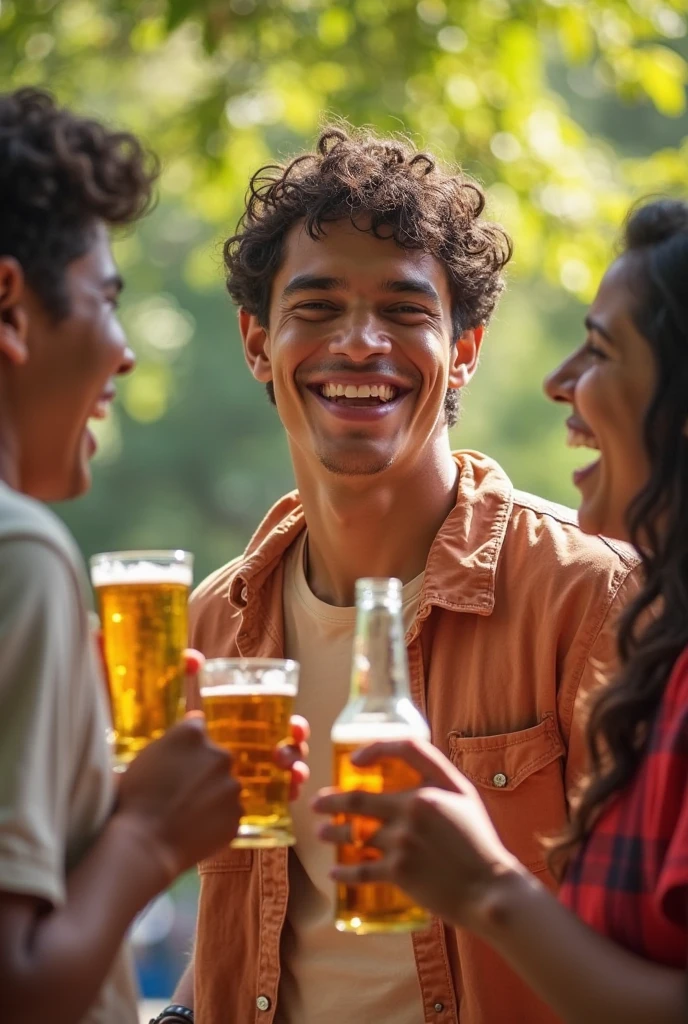 a photo of 3 brown male friends drinking beer and laughing at a table, detailed faces and expressions, ultra-detailed, 8k, highres, masterpiece, realistic, photorealistic, vivid colors, natural lighting, group portrait