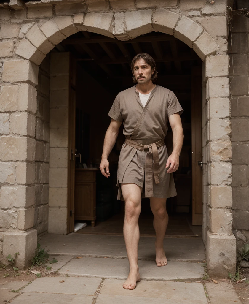 18 year old white male wearing loin cloth, swimmer body type, inside a dilapidated tribal hut, the hut is situated within a large cavern system, detailed face, beautiful eyes, photorealistic, 8k, high quality, masterpiece, dramatic lighting, moody atmosphere, cinematic, fantasy, concept art, dirt and grime body