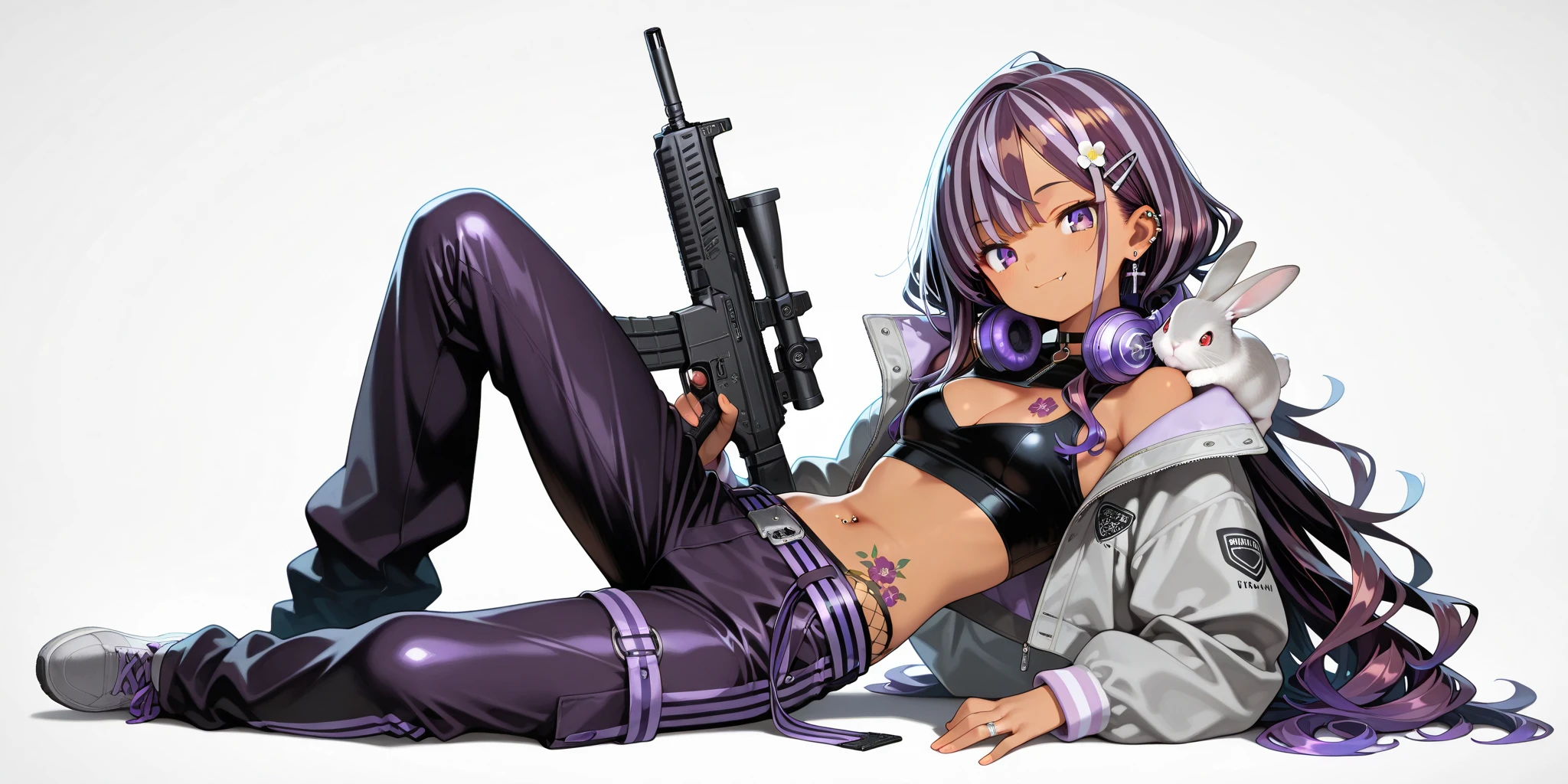 ((masterpiece)),(Best Quality),very detailed, beautiful and detailed face, official art,1 girl, Alone, by the wide, purple hair, belly button, tenure, weapon, Bermuda, diaphragm, tenure weapon, pistol, military, headphones, tenure pistol, rifle, handpistol, headphones, realist, Assault rifle, camouflage, sniper rifle, cargo vest,using tactical equipment, athena asamiya, tactical girl, Tender smile, medium breasts, Beautiful figure, Whole body, camouflage tactico military, ropa camouflage.