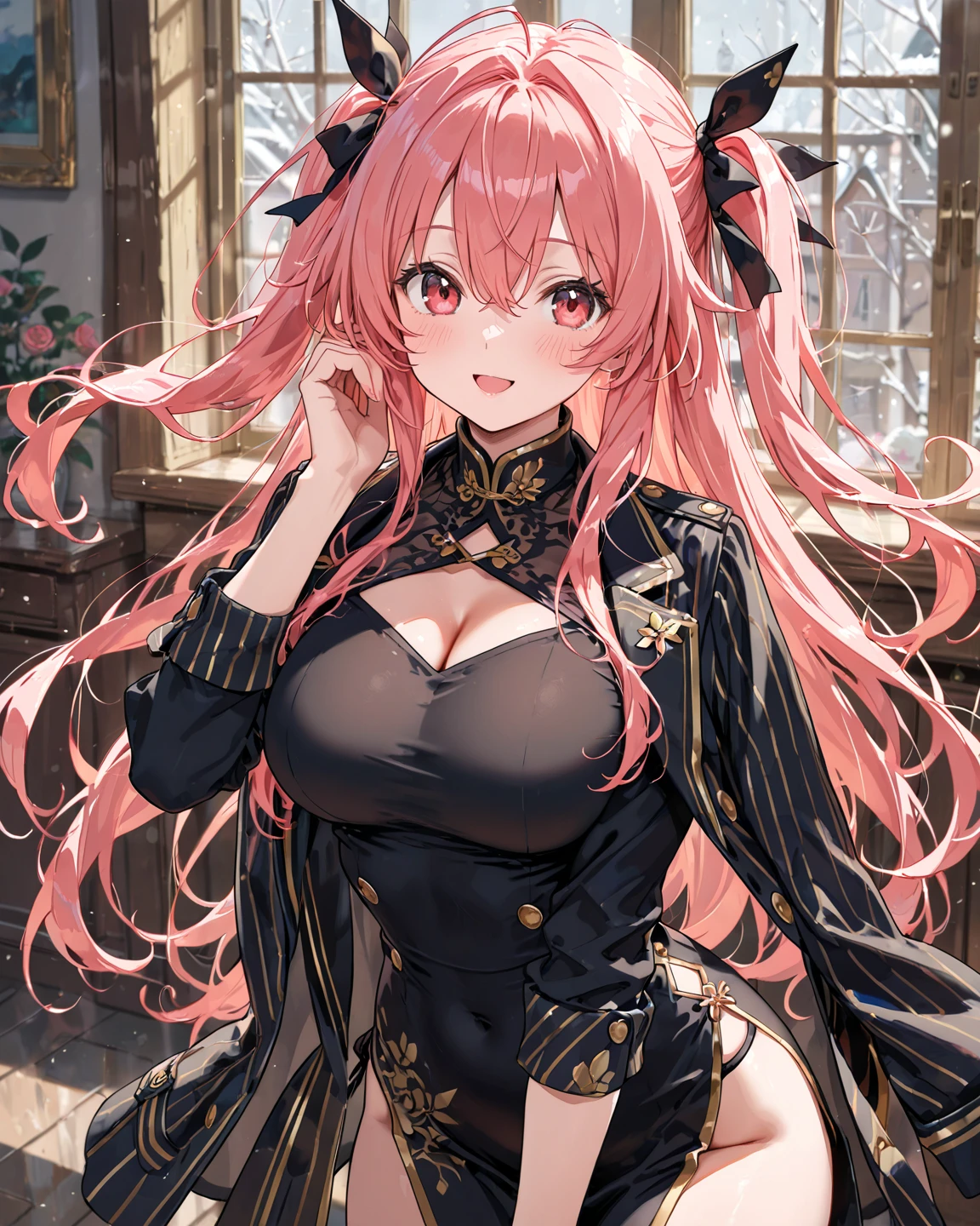 Realistic, 1 girl, Redhead, blue eyes, Bright Eyes, Black Skirt, thigh-high black stockings, A gentle smile, Cross Necklace, tattoo, blush, night, Gothic