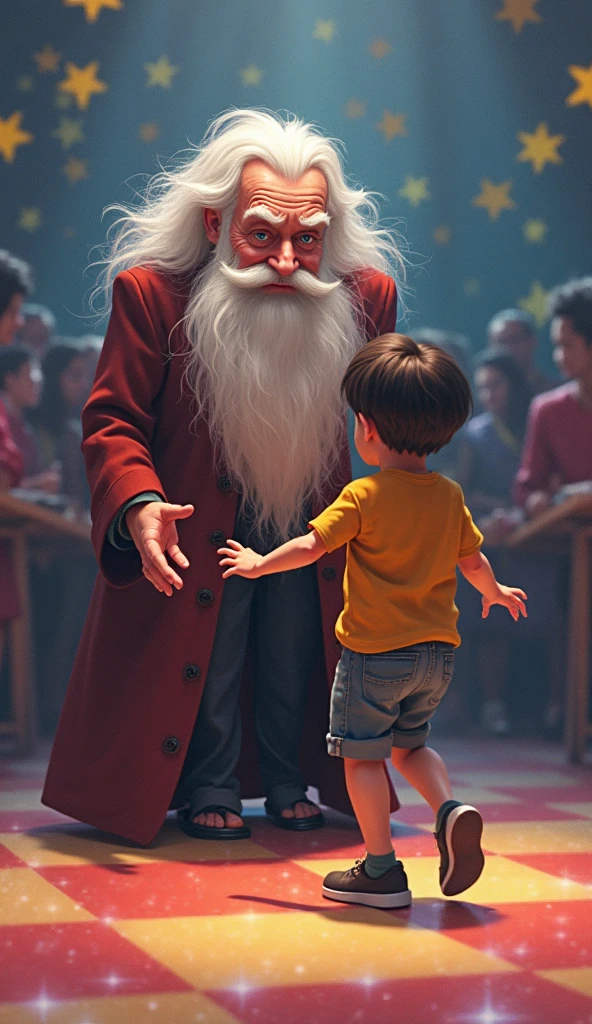 naughty man ,  height of 1.6 meters,older ,short white hair ,short white beard, red suit, smiling throwing bread crumbs on the floor,  poor crying children crouching down picking up bread crumbs from the floor. 