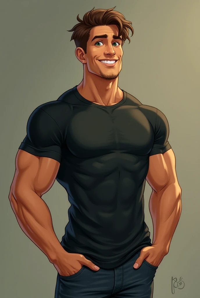 2d illustration of a young man whit Shaved black hair, pronounced eyebrows, expressive brown eyes and a sincere and flirtatious smile. Dressed in a tight gym shirt and baggy sweatpants, with thin diamond chains around his neck