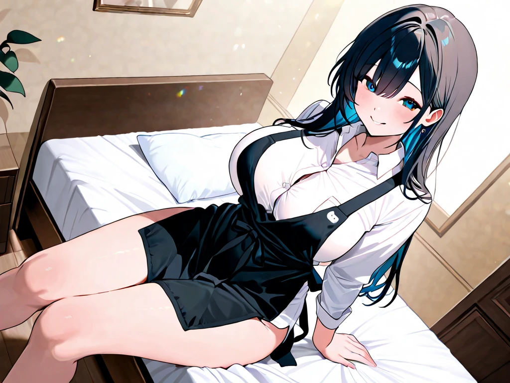 1 girl, cabelos preto e longos,office uniform,white shirt, black short skirt, Hotel room,The woman lies on the bed,Man in front of bed