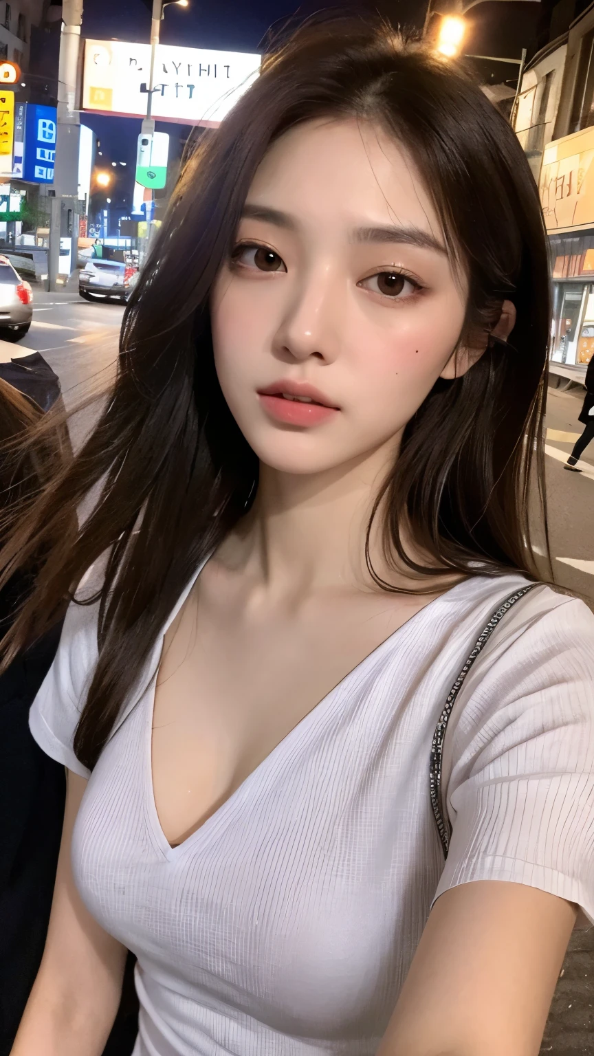 ((Highest quality, 8k, masterpiece:1.3)), sharp:1.2, Beautiful woman with perfect figure:1.4, slim:1.2, ((Layered Hairstyles, Huge boobs:1.3,Cleavage:1.2)), (See-through purple camisole：1.1），（rain，Street：1.2），get wet：1.5，非常に詳細な顔と肌とwhole bodyと太ももの足の質感，Detailed eyes，double eyelid，Glancing sideways at the camera、tall、Details、whole body、Ugly、Japanese、She was wearing a purple sheer mini camisole.