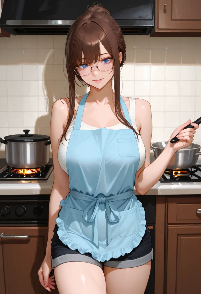 very sexy girl, long straight brown hair, colorful earrings, large square glasses, wearing only a kitchen apron, in the kitchen cooking, small breasts, smiles, adorable, oil painting, chiaroscuro, sensual and dramatic lighting, atmosphere moody, photorealistic, intricate details, masterpiece, ultra detailed, high quality, 8k, best quality, realistic, cinematic, dark and brooding, expressionistic, powerful composition, emotional impact, art inspired by Bill Sienkiewicz